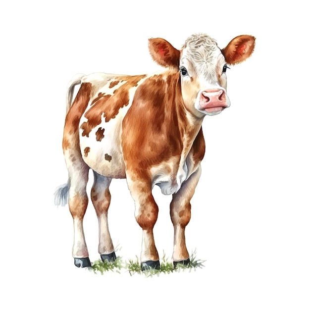 Cow watercolor tender warm colors appeasement pasture white brown full height nature farm