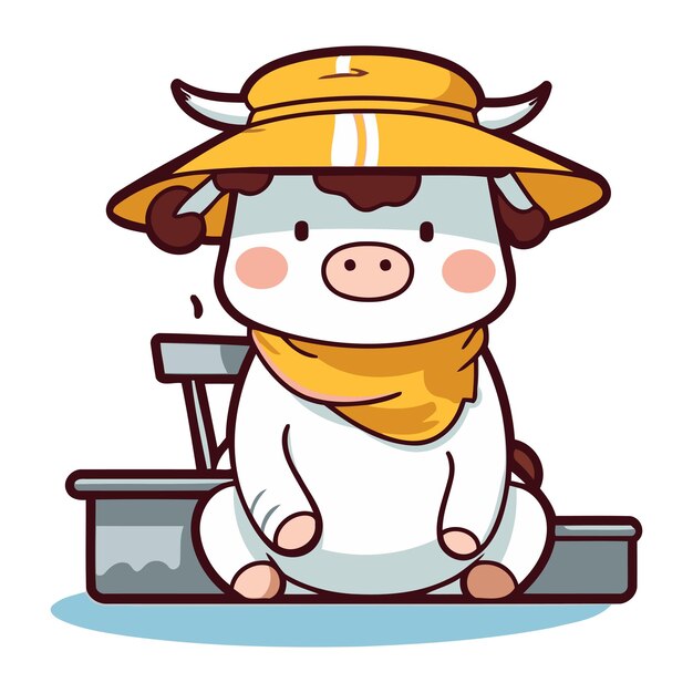 Vector cow wearing a straw hat and a scarf sitting on the floor with a bucket