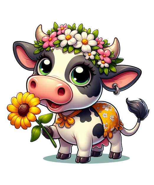 a cow with a flower on its head and a flower in the middle