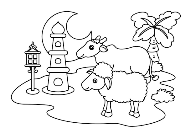 cow with goat cute coloring page for kids