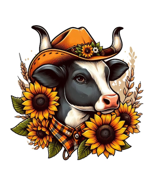 a cow with a hat and a wreath of flowers on it