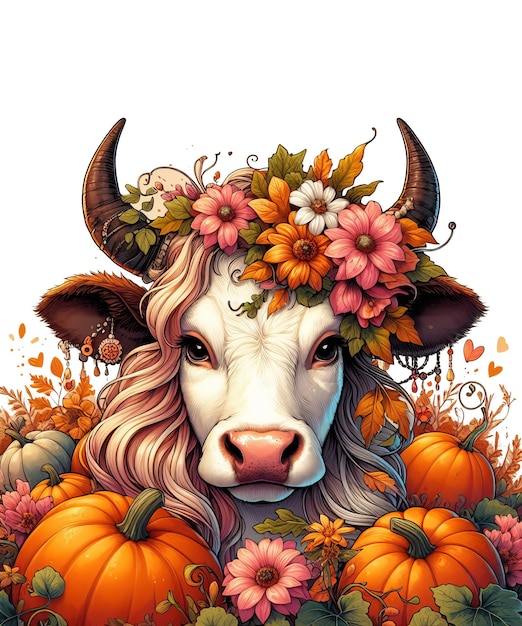 a cow with horns and flowers on it is surrounded by pumpkins