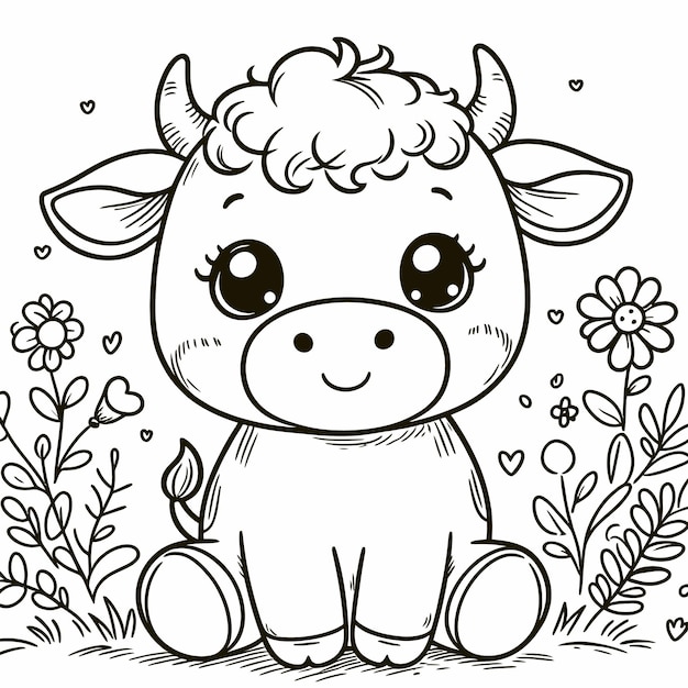 Vector a cow with a pink nose and a black background with flowers and a black and white background