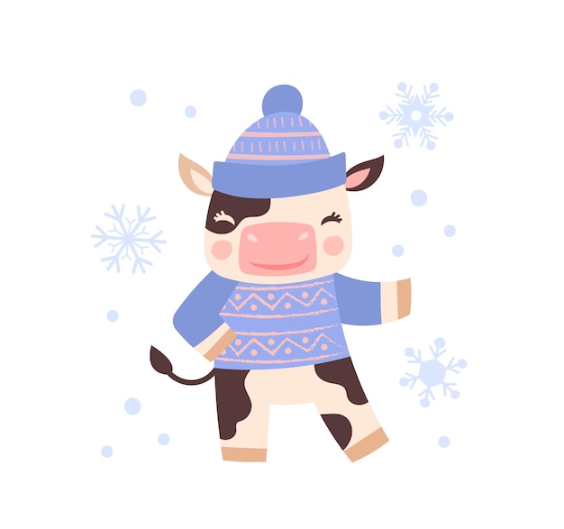 Vector cow with snow