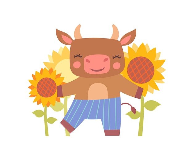 Cow with sunflowers