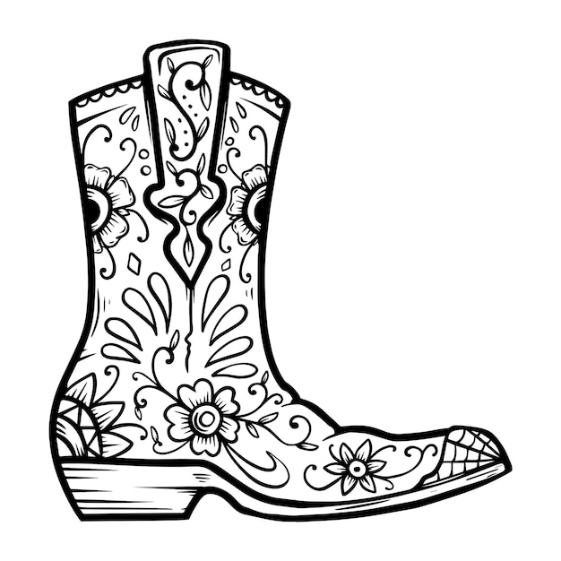 Cowboy boot with floral pattern.  Design element for poster, t shirt, emblem, sign.