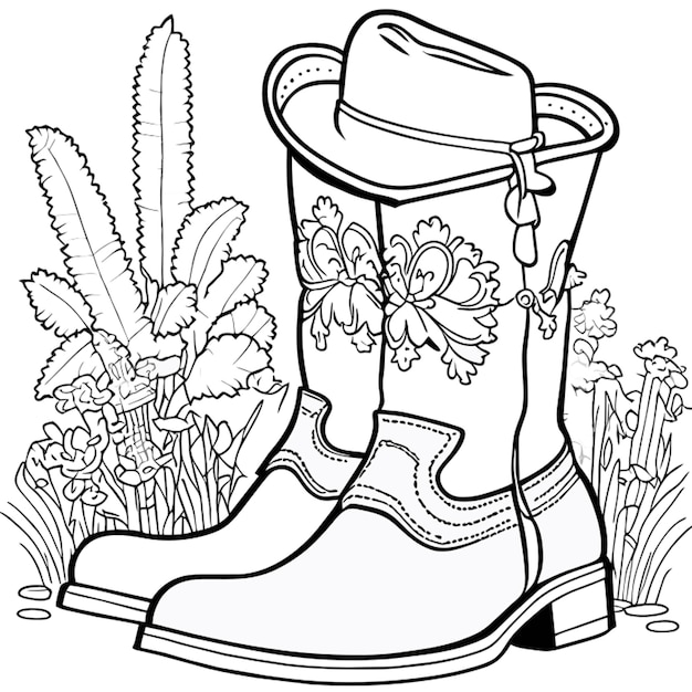 cowboy boots and cowboy hat vector illustration line art