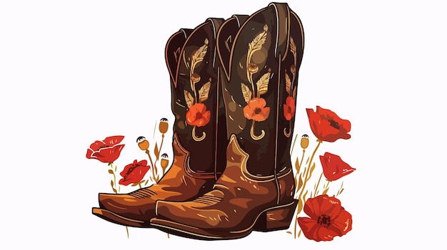 Cowboy Boots with Poppies Flat Vector Isolated on White Background