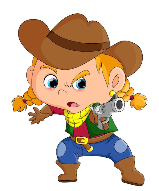 The cowboy girl is shooting with the hand gun with the angry expression