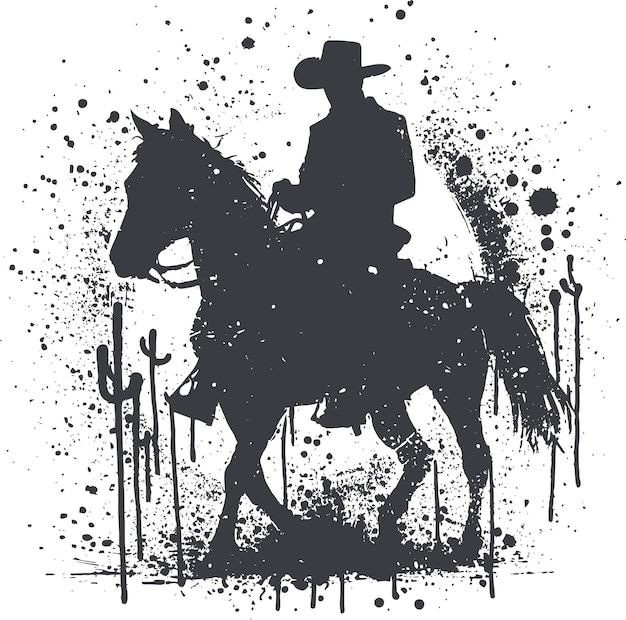 Vector cowboy in hat riding horse vector stencil illustration with paint drip effect