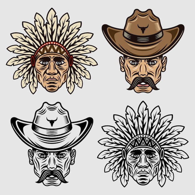 Cowboy head and chief head Set of vector objects or design elements in two styles black and colorful