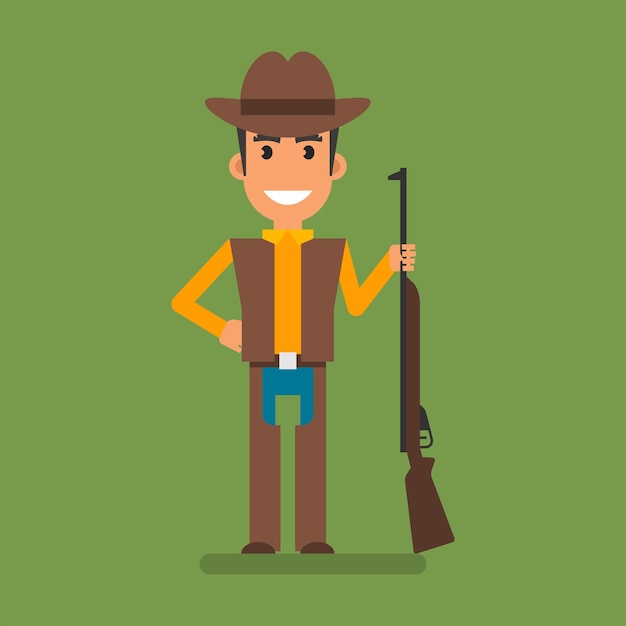 Cowboy holding hand on side holding gun and smiling