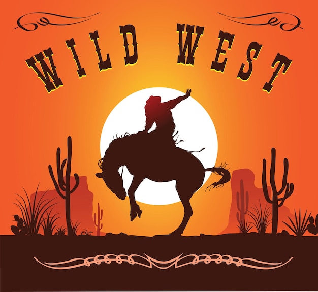 Vector cowboy on a horse on the background of the setting sun wild west