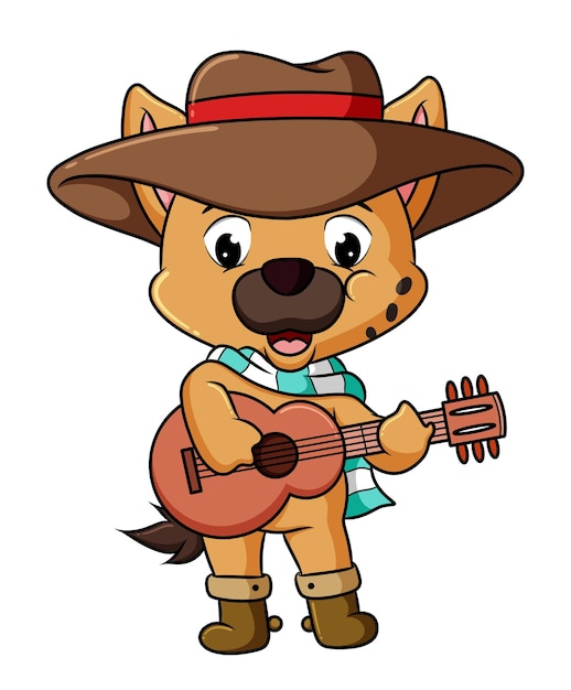 The cowboy hyena is playing a guitar and wearing cap of illustration