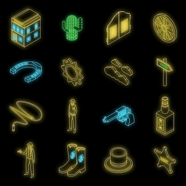 Cowboy icons set vector neon