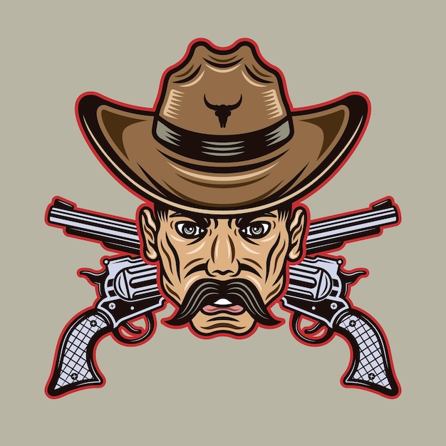 Cowboy man head with mustache in hat and crossed guns vector illustration in colorful cartoon style isolated on light background