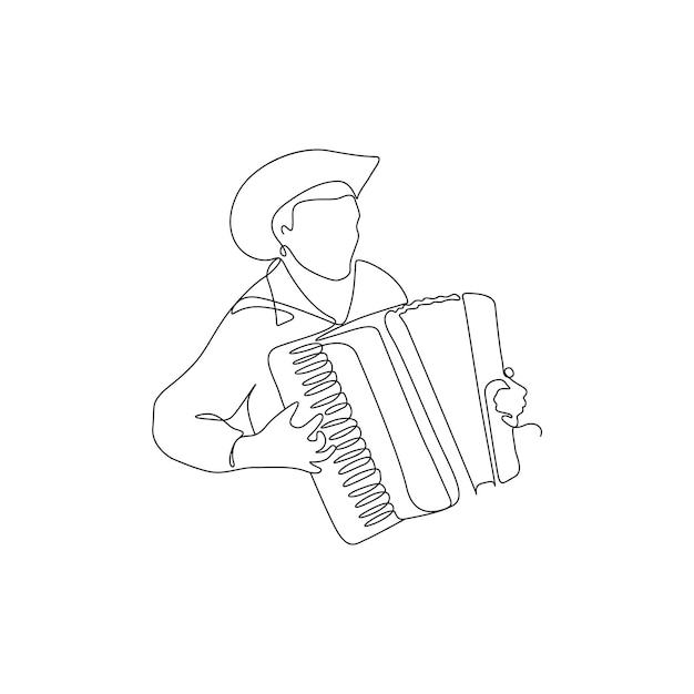 Cowboy playing accordion black white vector abstract line drawing illustration