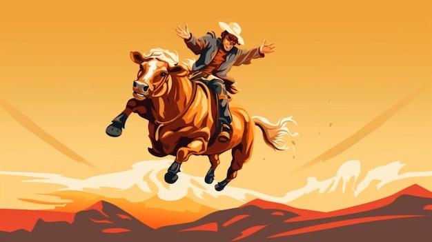 Vector a cowboy rides a horse with mountains in the background