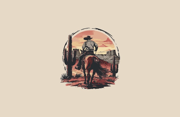 Vector cowboy riding a horse in the badlands with a canyon in the background