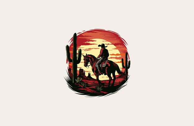 Vector cowboy riding a horse in the badlands with a canyon in the background