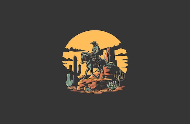 Vector cowboy riding a horse in the badlands with a canyon in the background