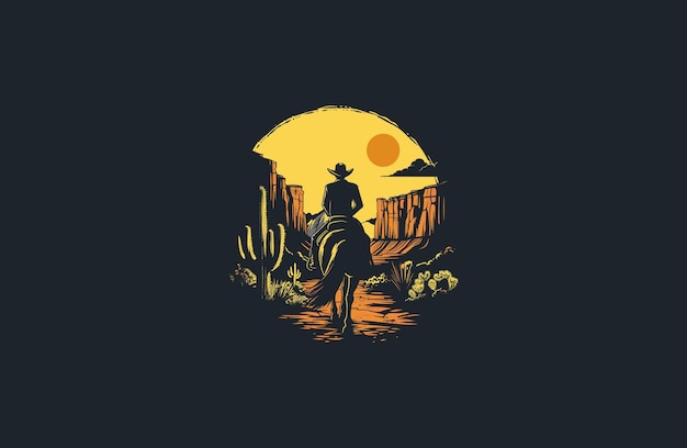 Vector cowboy riding a horse in the badlands with a canyon in the background