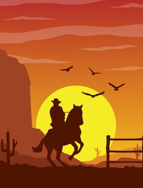 Vector cowboy riding horse wild west scene