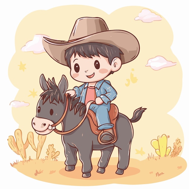 Vector cowboy riding a horse with hat cartoon style vector illustration