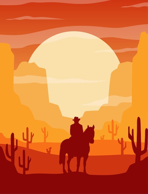 Vector cowboy riding at the sunset wild west scene