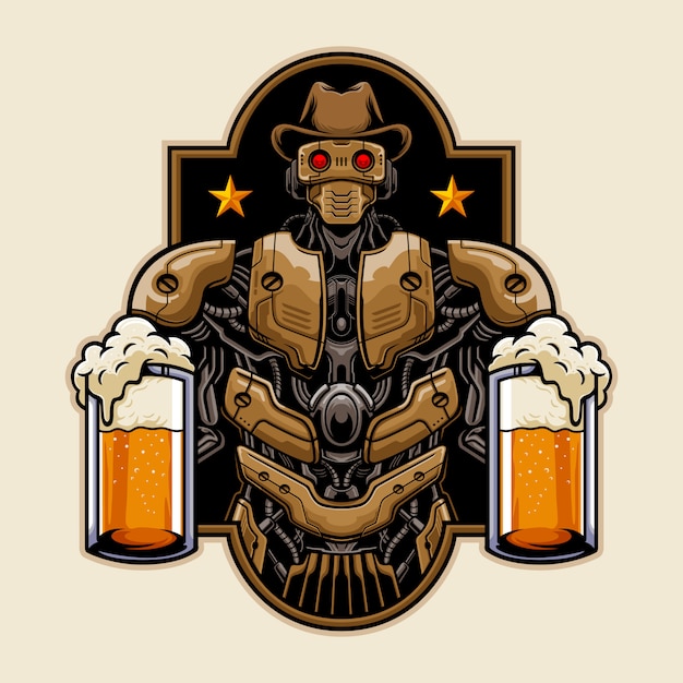 Cowboy robot bring beer illustration