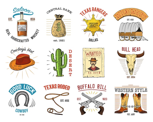 Cowboy set badges Wild west rodeo or indians with lasso hat and gun sheriff star boot with horseshoe engraved hand drawn in old sketch or and vintage style and labels for prints logo or emblem