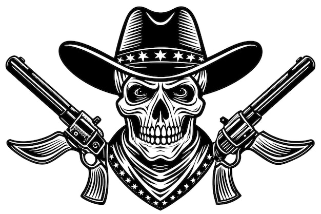 Vector cowboy skull head with double gun and hat black and white vector illustration