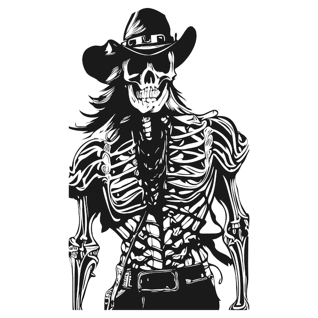 Vector cowboy skull tattoo hand drawn vector black and white clip art