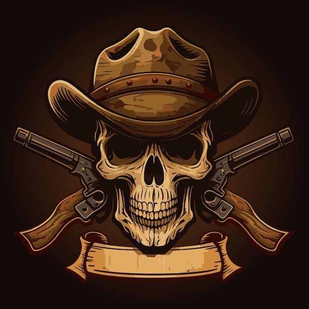 Cowboy Skull with hat and pistols in the background, skull title display illustration