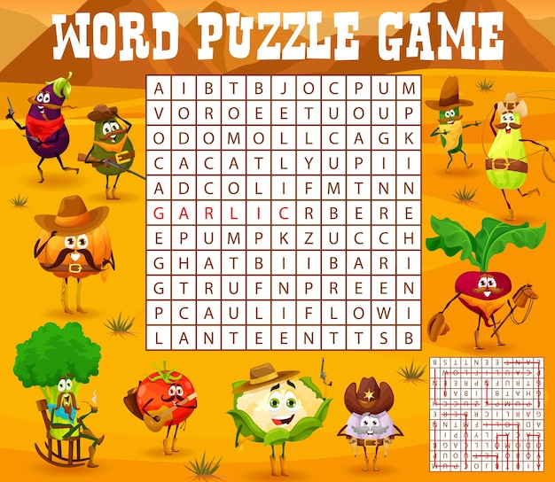 Cowboy vegetable characters on word search puzzle