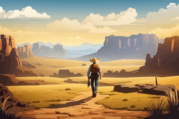 Vector cowboy walking through a valley illustration