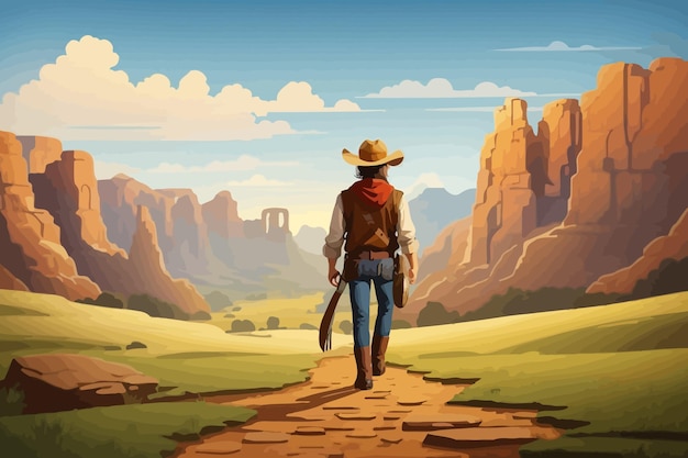 cowboy walking through a valley illustration