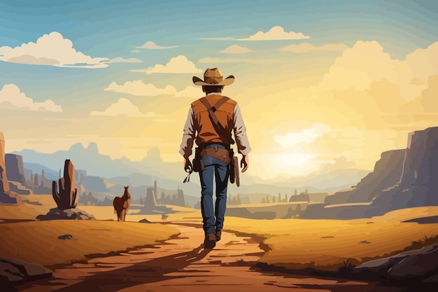 cowboy walking through a valley illustration