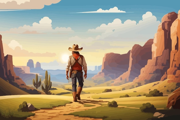 cowboy walking through a valley illustration