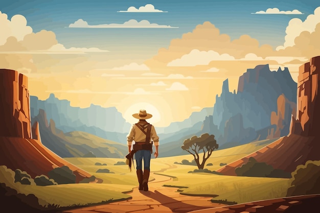 cowboy walking through a valley illustration