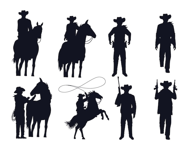 Cowboys figures silhouettes with guns and horses vector illustration design