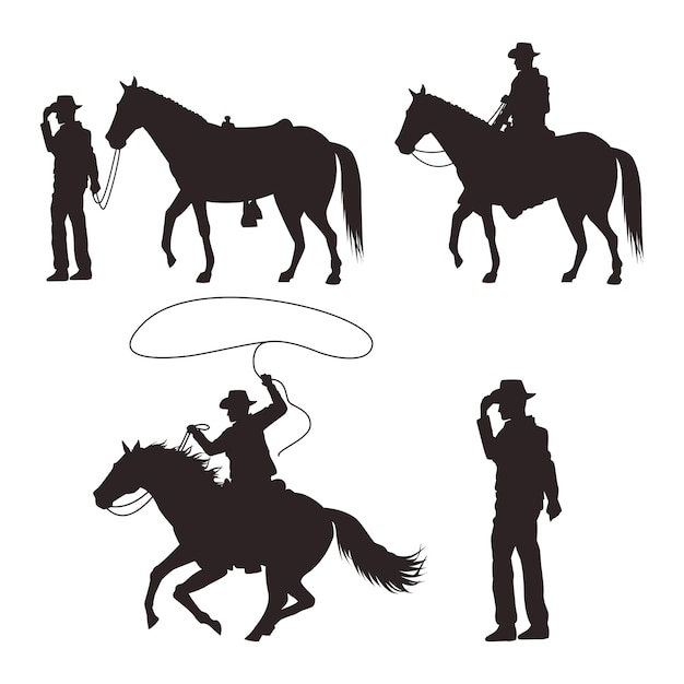 Cowboys silhouettes with guns and horses