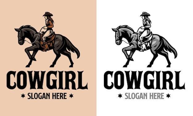 Cowgirl Riding Horse in Logo Style Vintage set