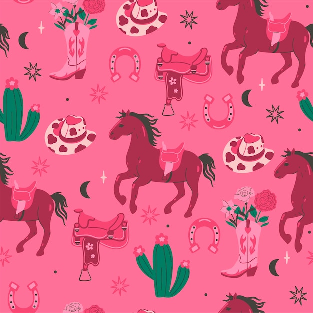 Vector cowgirl themed seamless pattern in pink colors vector image