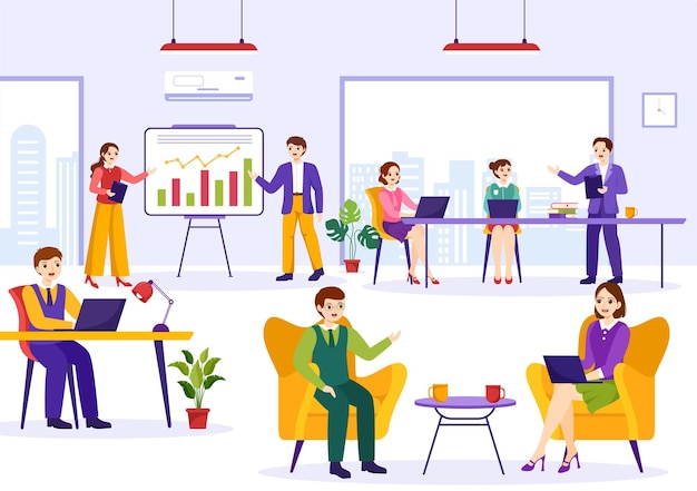 Coworking Business Vector Illustration with Colleagues Talking and Working at the Office Templates