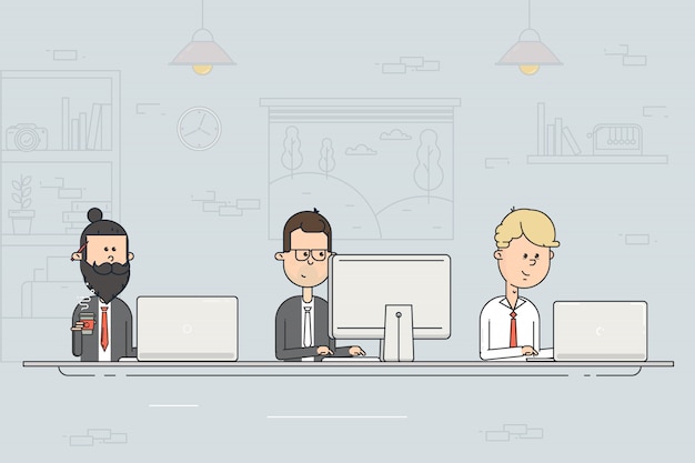 Coworking center. Business meeting. Team working. People working at the computers in the open office. Flat design vector illustration.