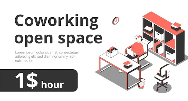 Coworking open space banner with editable text and isometric images of workspace with cabinet racks