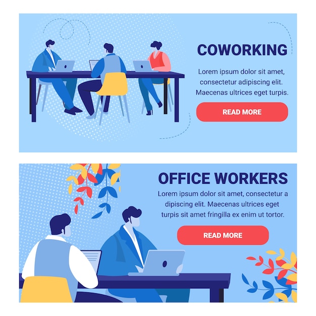 Coworking People and Office Workers Banners Set