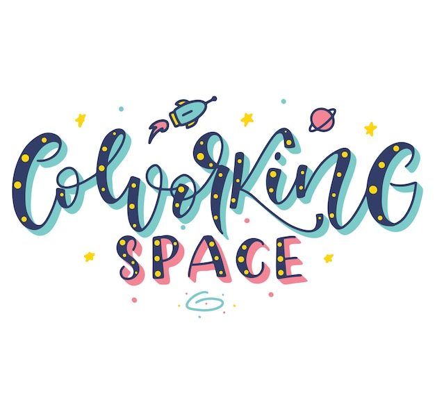 Coworking space colored vector illustration with text rocket and stars