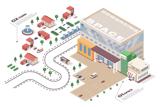 Coworking space concept 3d isometric web infographic workflow process Infrastructure map with workspace office parking town employee buildings Vector illustration in isometry graphic design